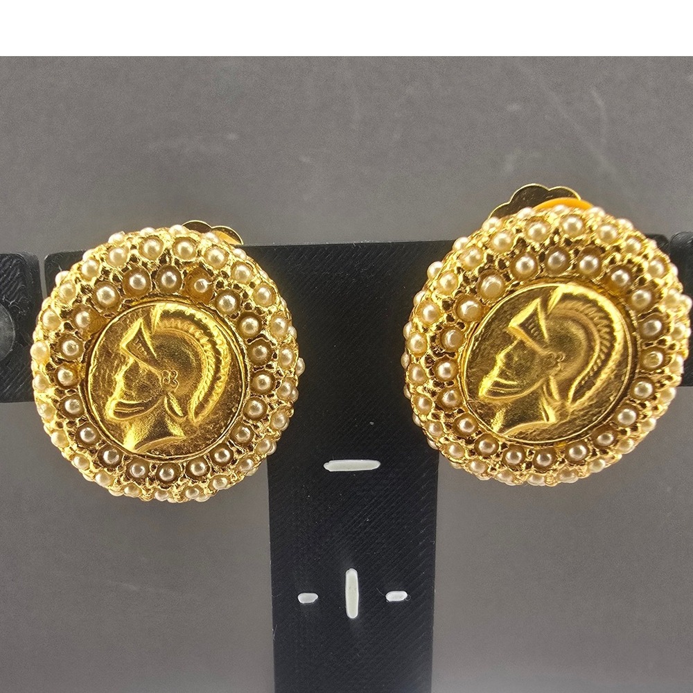 Vintage Graziano Clip On Earrings Gold Tone Roman Soldier Faux Pearl 1"